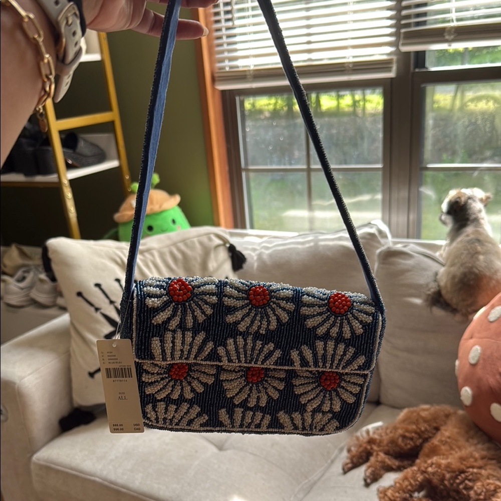 Anthropologie Floral Beaded Shoulder Bag - Blue and Red